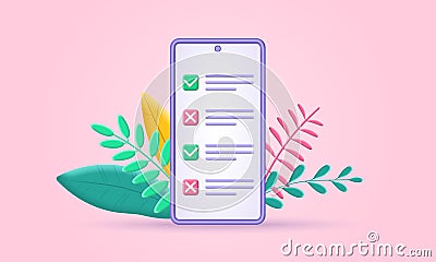 Check list on the mobile phone screen set. 3d checklist on the smartphone with tick and cross symbols. Vector Illustration